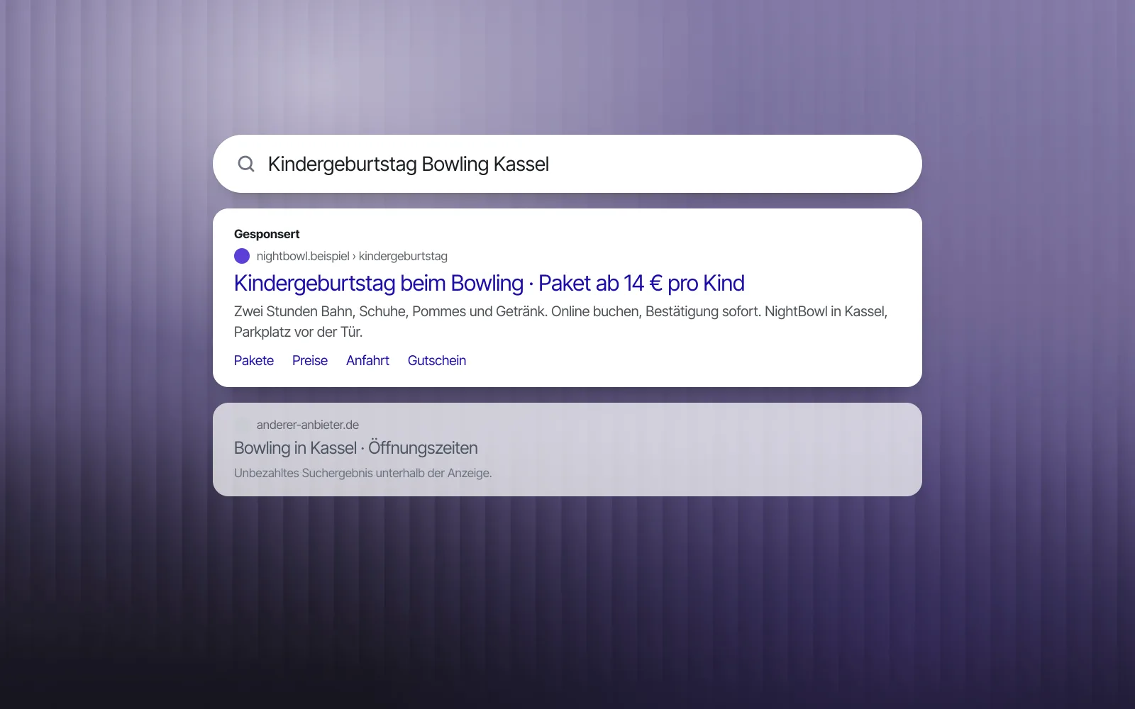 Suchergebnis mit gesponserter Anzeige zum Kindergeburtstag beim erfundenen Betrieb NightBowl