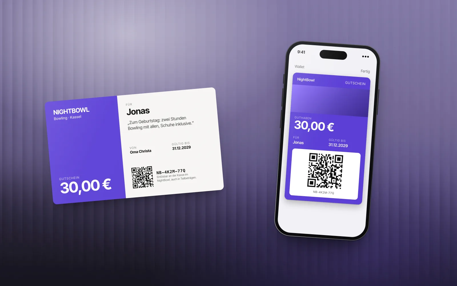 Gutscheinkarte und Telefon mit Wallet-Pass des erfundenen Betriebs NightBowl