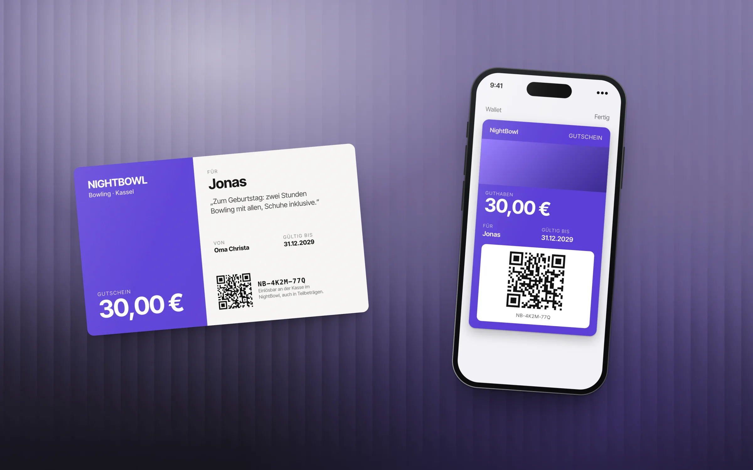Gutscheinkarte und Telefon mit Wallet-Pass des erfundenen Betriebs NightBowl