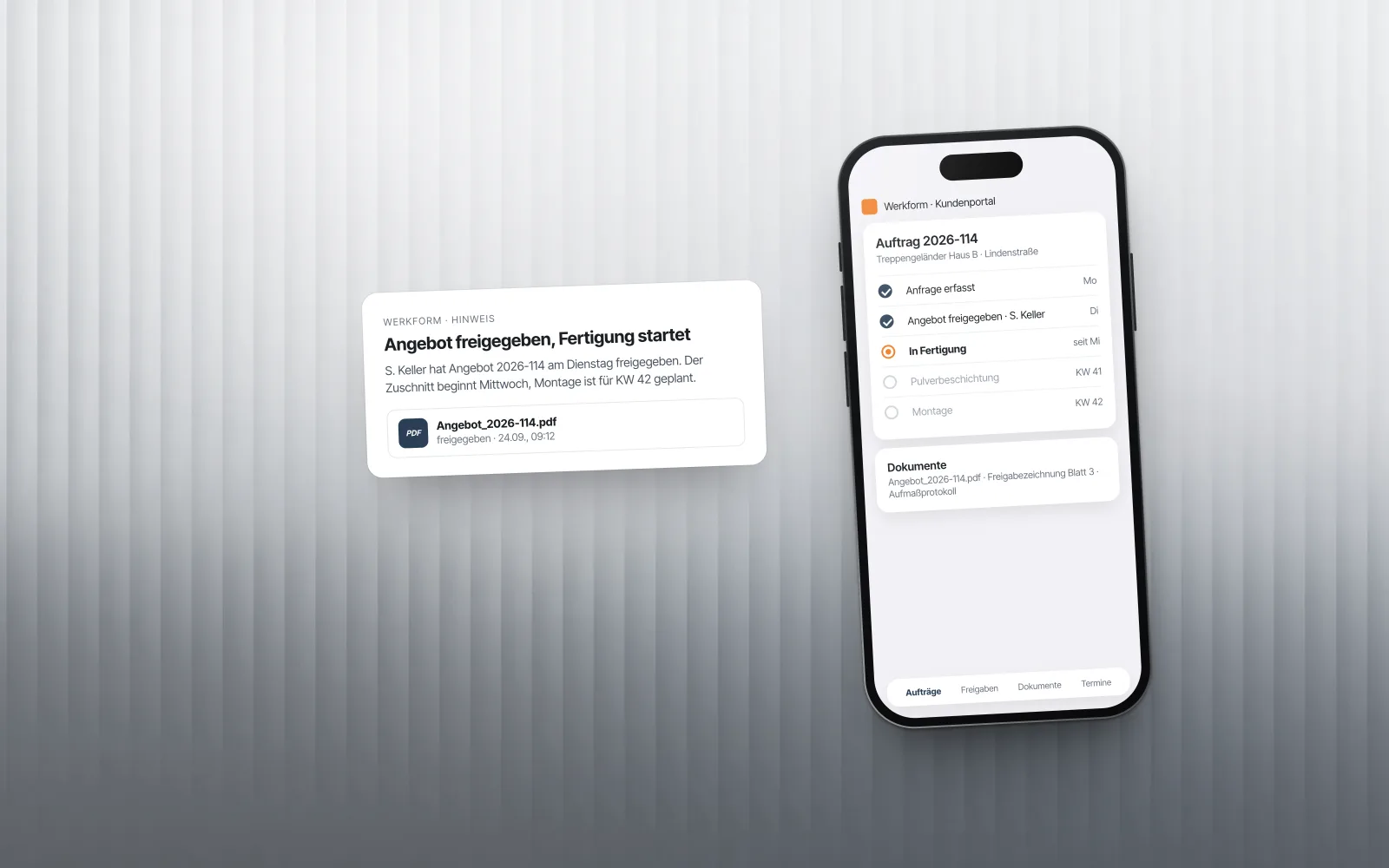 Telefon mit Auftrags-Zeitstrahl und Hinweiskarte des erfundenen Betriebs Werkform Metallbau