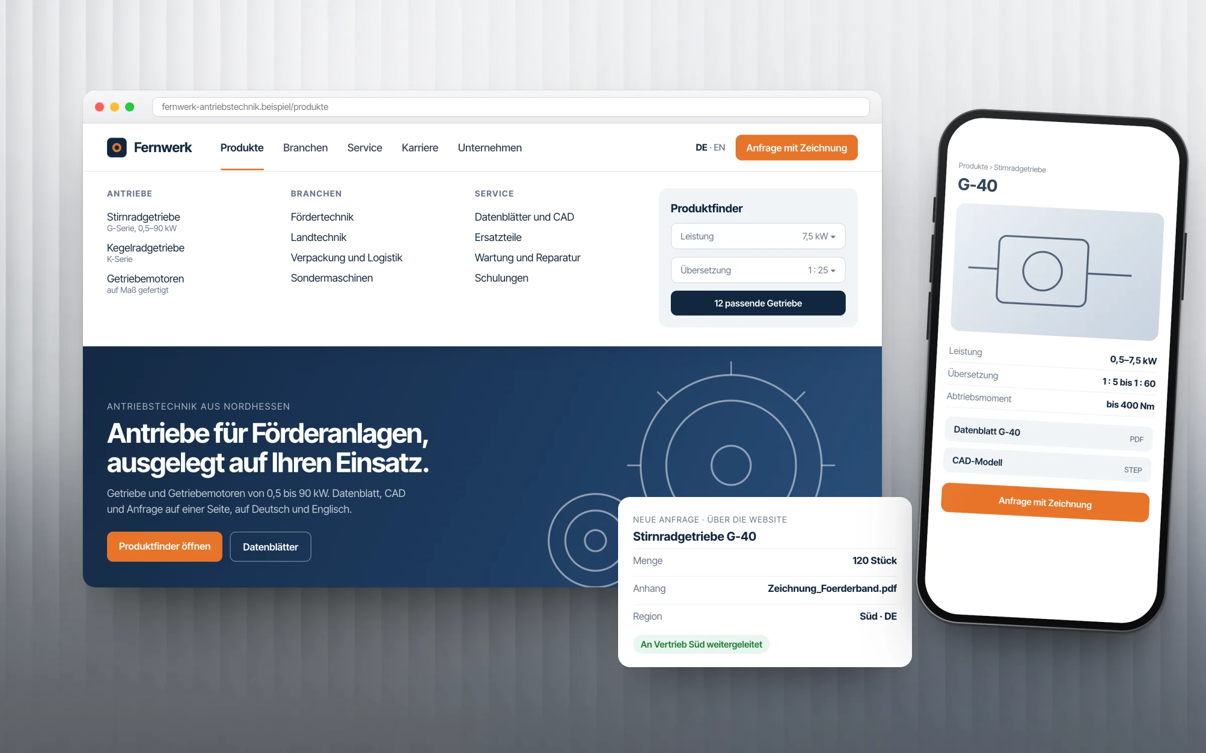 Browserfenster mit Mega-Menü und Produktfinder, Telefon mit Produktseite und Anfrage-Karte des erfundenen Herstellers Fernwerk Antriebstechnik